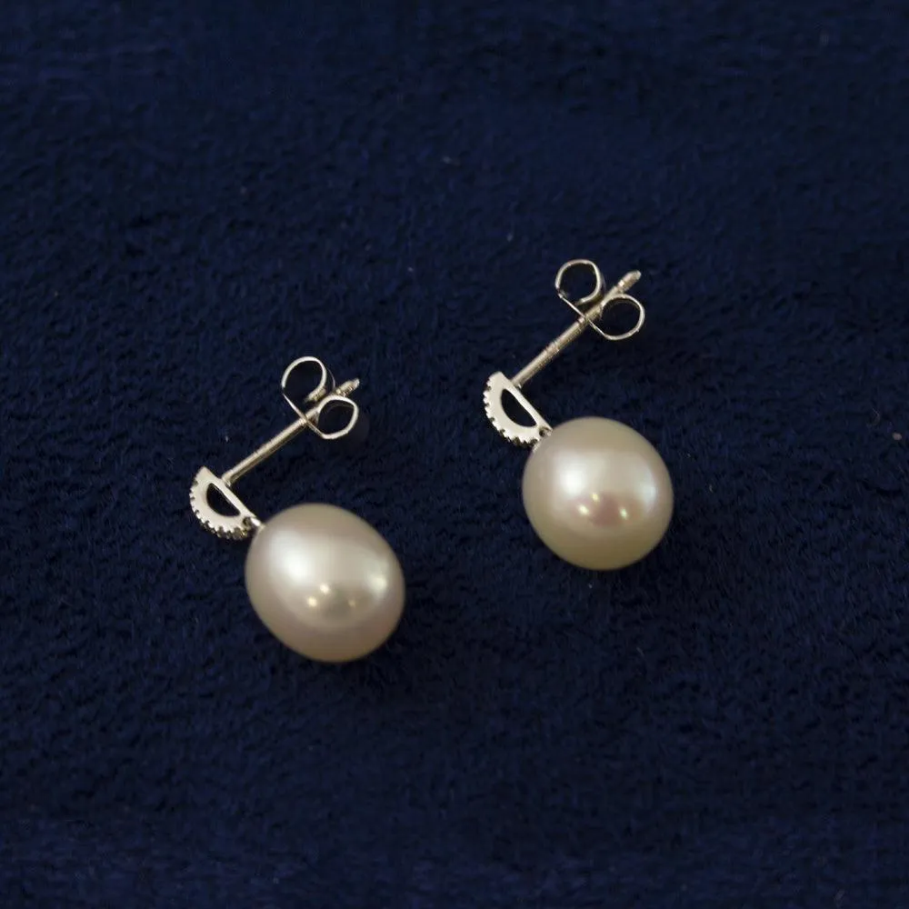 18ct White Gold 10mm Freshwater Pearl & Diamond Drop Earrings