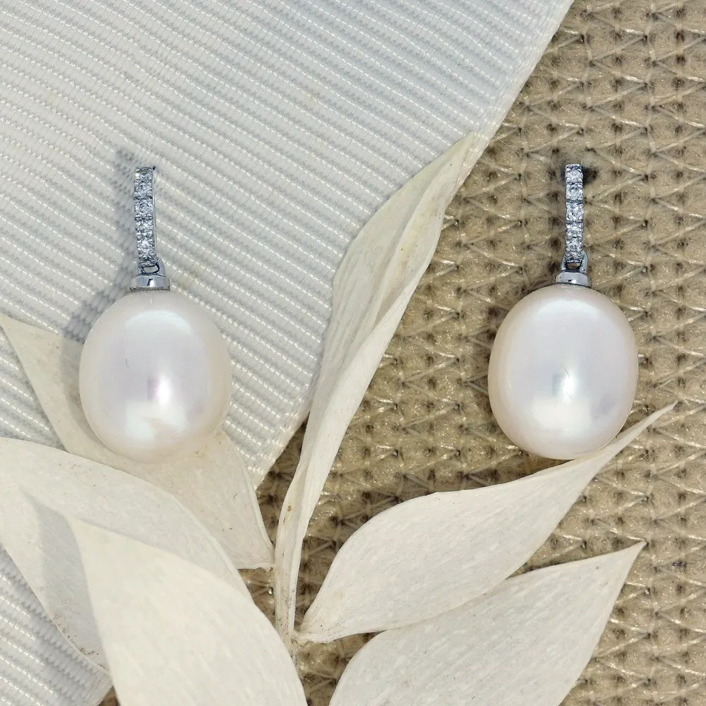 18ct White Gold 10mm Freshwater Pearl & Diamond Drop Earrings