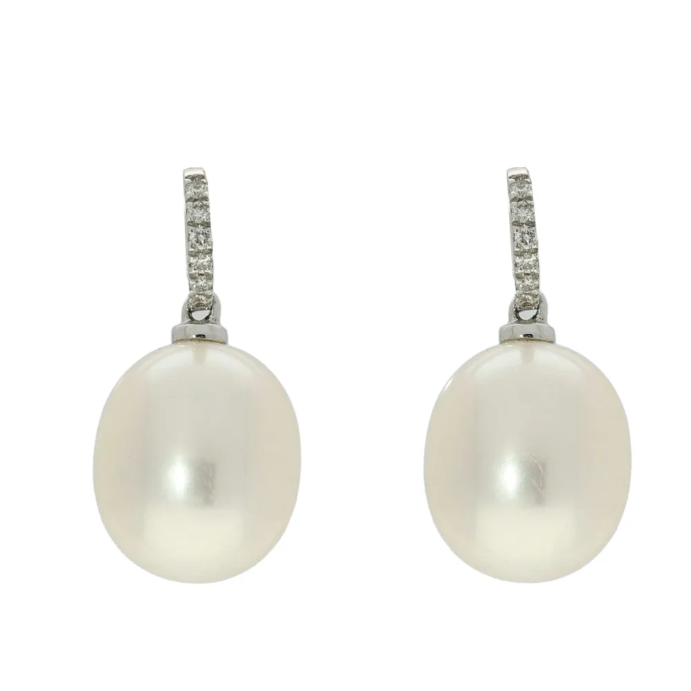 18ct White Gold 10mm Freshwater Pearl & Diamond Drop Earrings