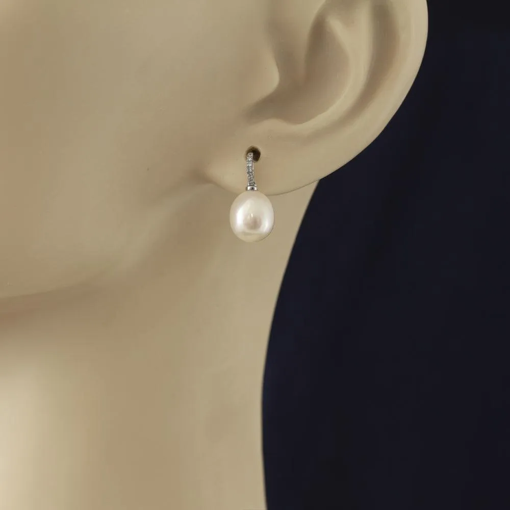18ct White Gold 10mm Freshwater Pearl & Diamond Drop Earrings