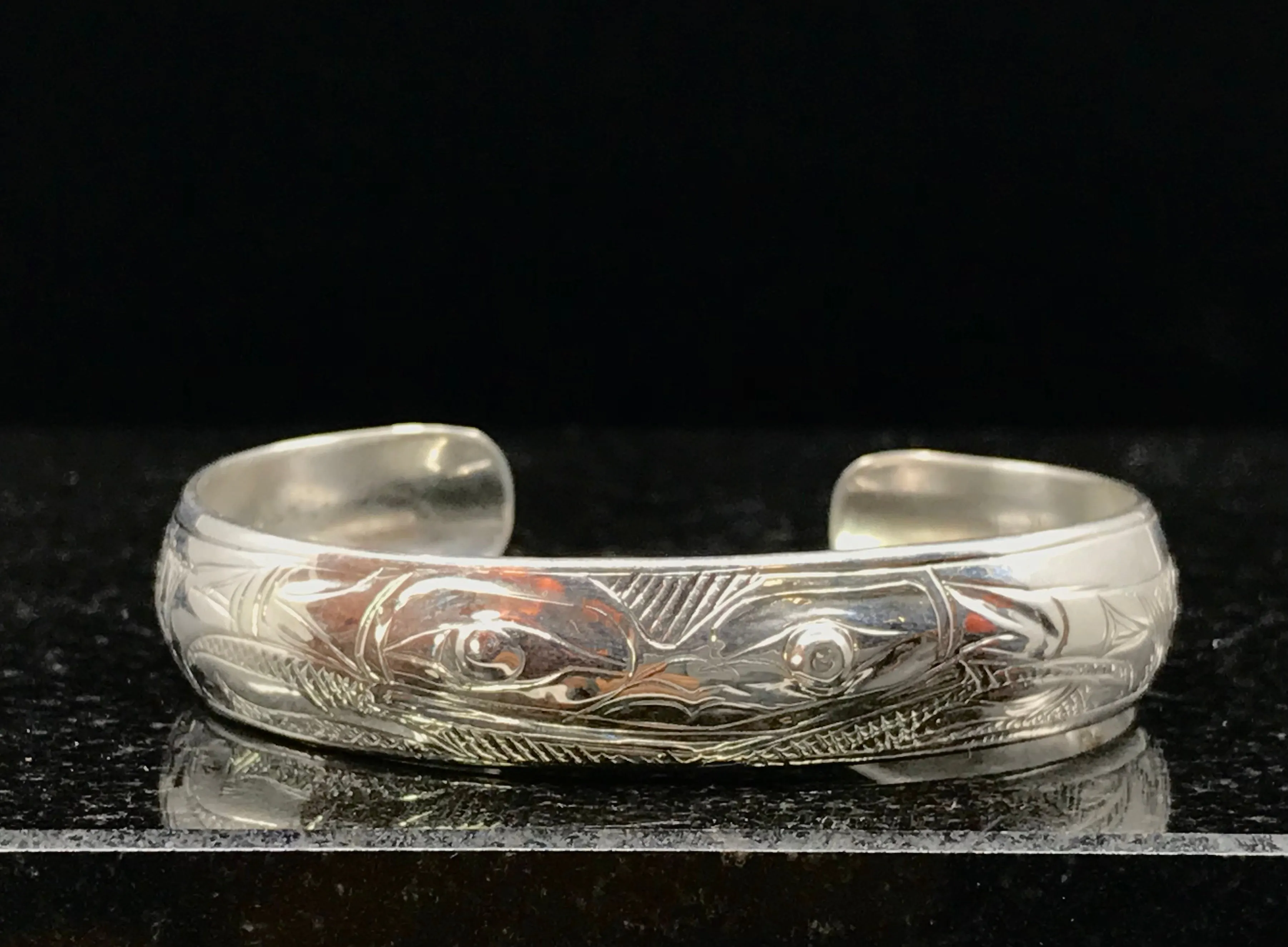 Alaska Native Hand-Carved 1/2" Silver Bracelet  Formline Design by Tlingit Artist Gene Chilton