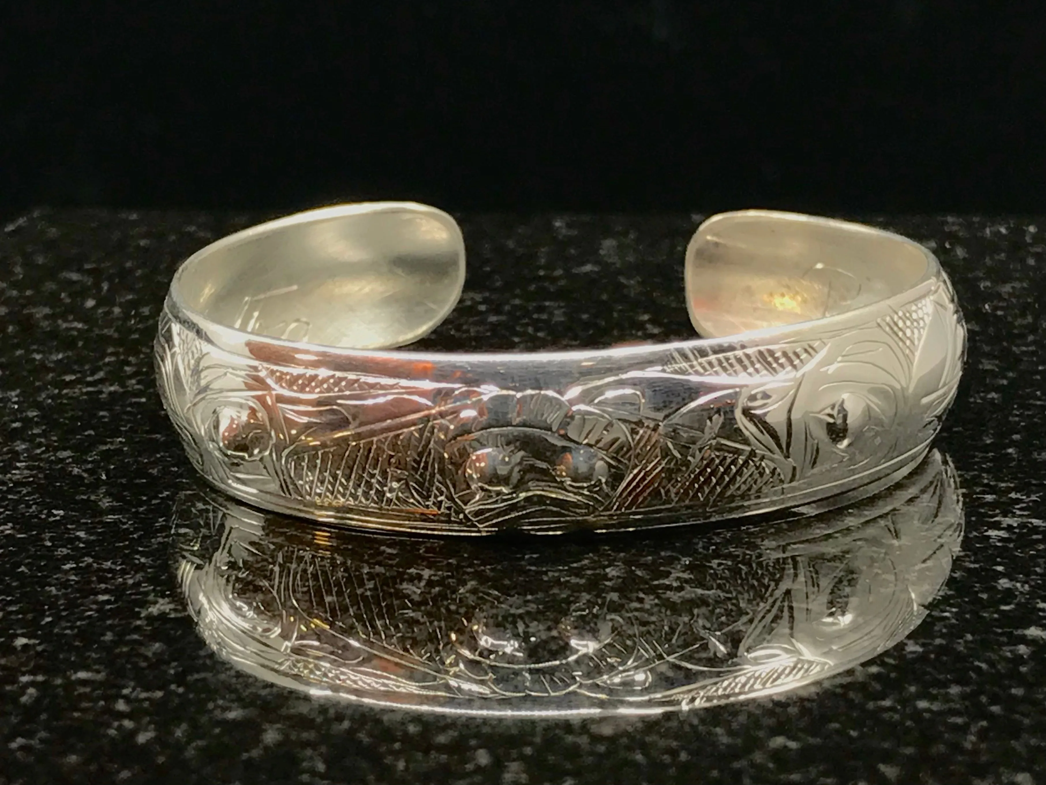 Alaska Native Hand-Carved 1/2" Silver Bracelet  Formline Design by Tlingit Artist Gene Chilton