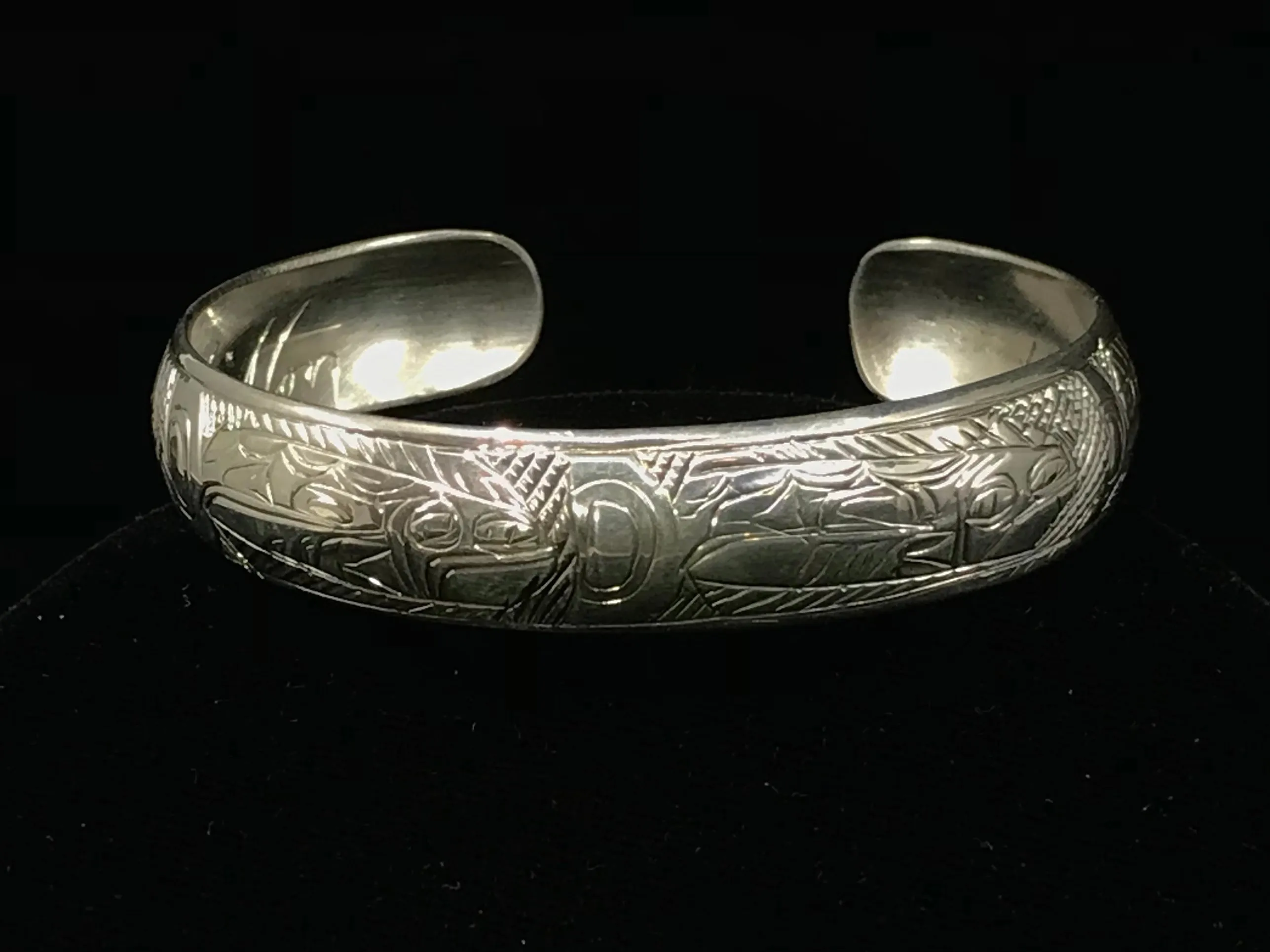 Alaska Native Hand-Carved 1/2" Silver Bracelet  Formline Design by Tlingit Artist Gene Chilton