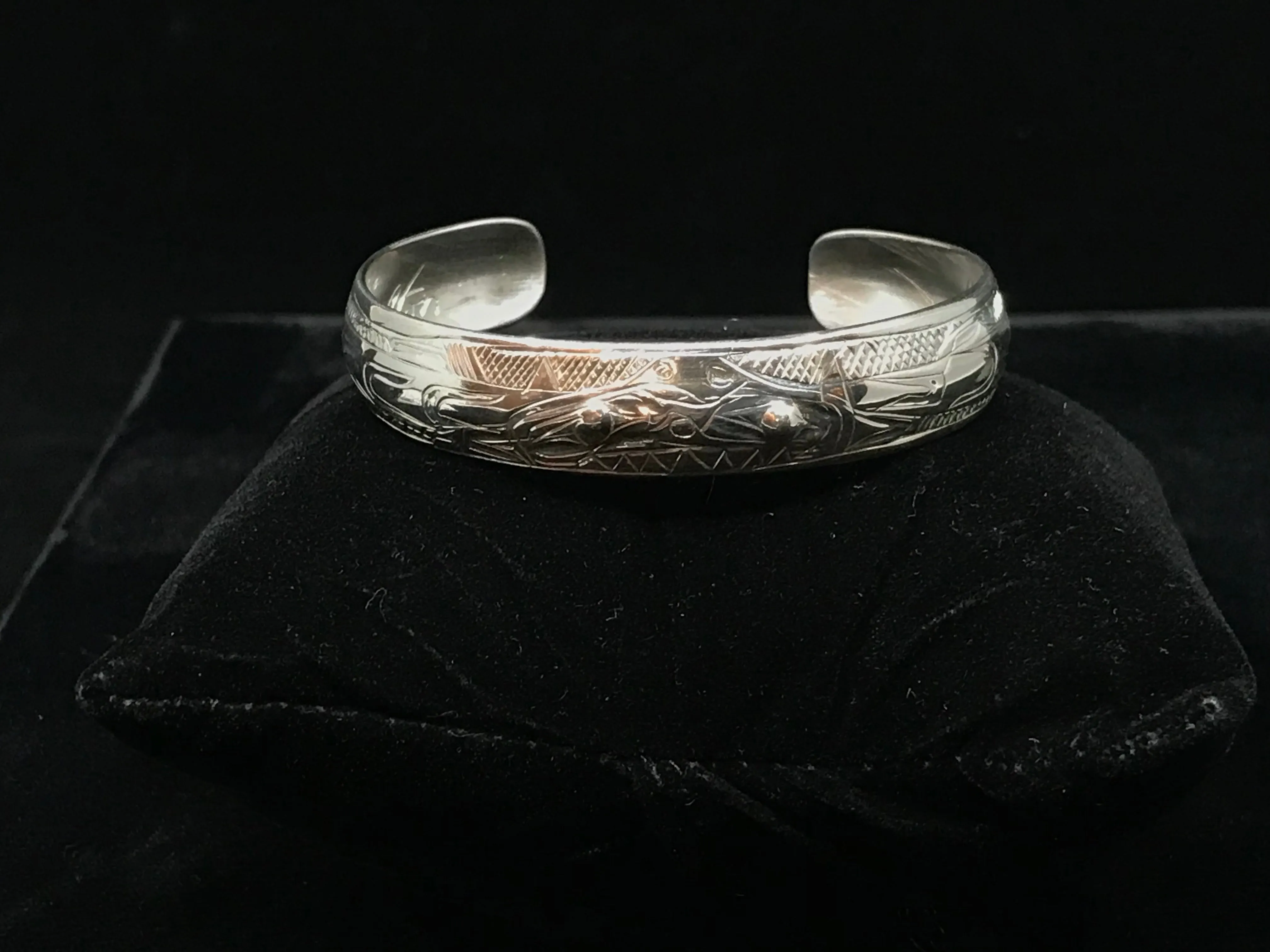 Alaska Native Hand-Carved 1/2" Silver Bracelet  Formline Design by Tlingit Artist Gene Chilton