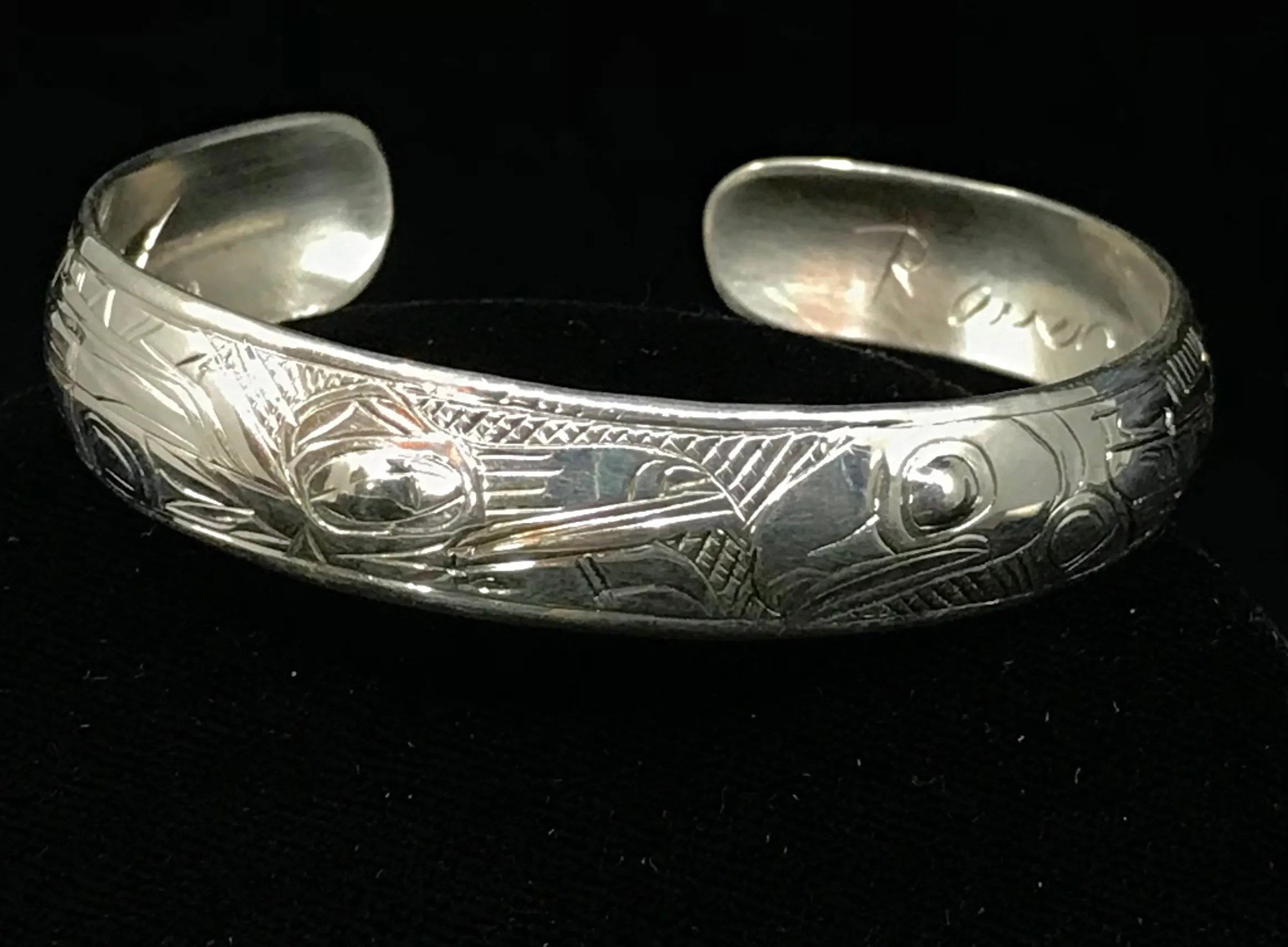Alaska Native Hand-Carved 1/2" Silver Bracelet  Formline Design by Tlingit Artist Gene Chilton