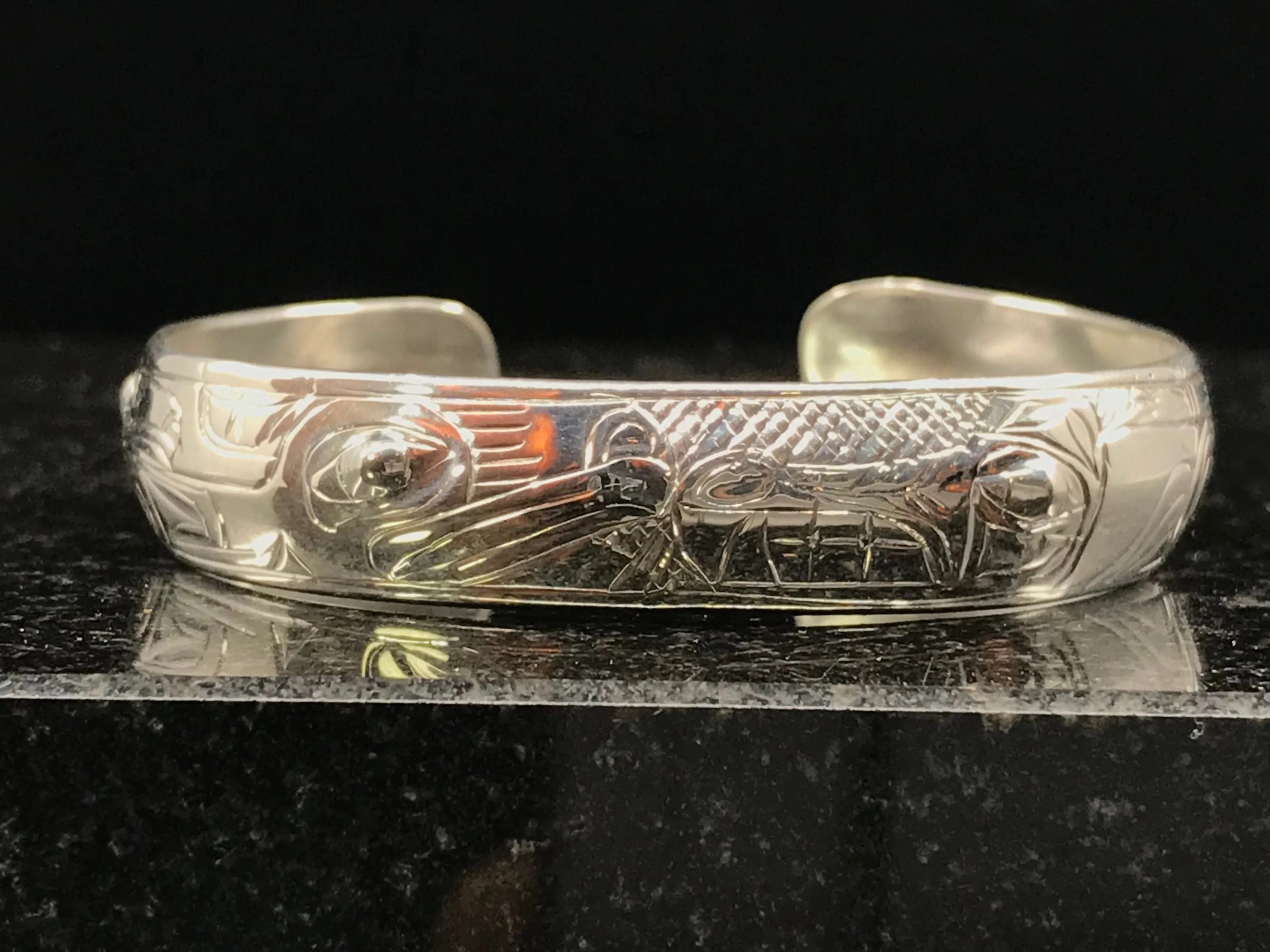 Alaska Native Hand-Carved 1/2" Silver Bracelet  Formline Design by Tlingit Artist Gene Chilton