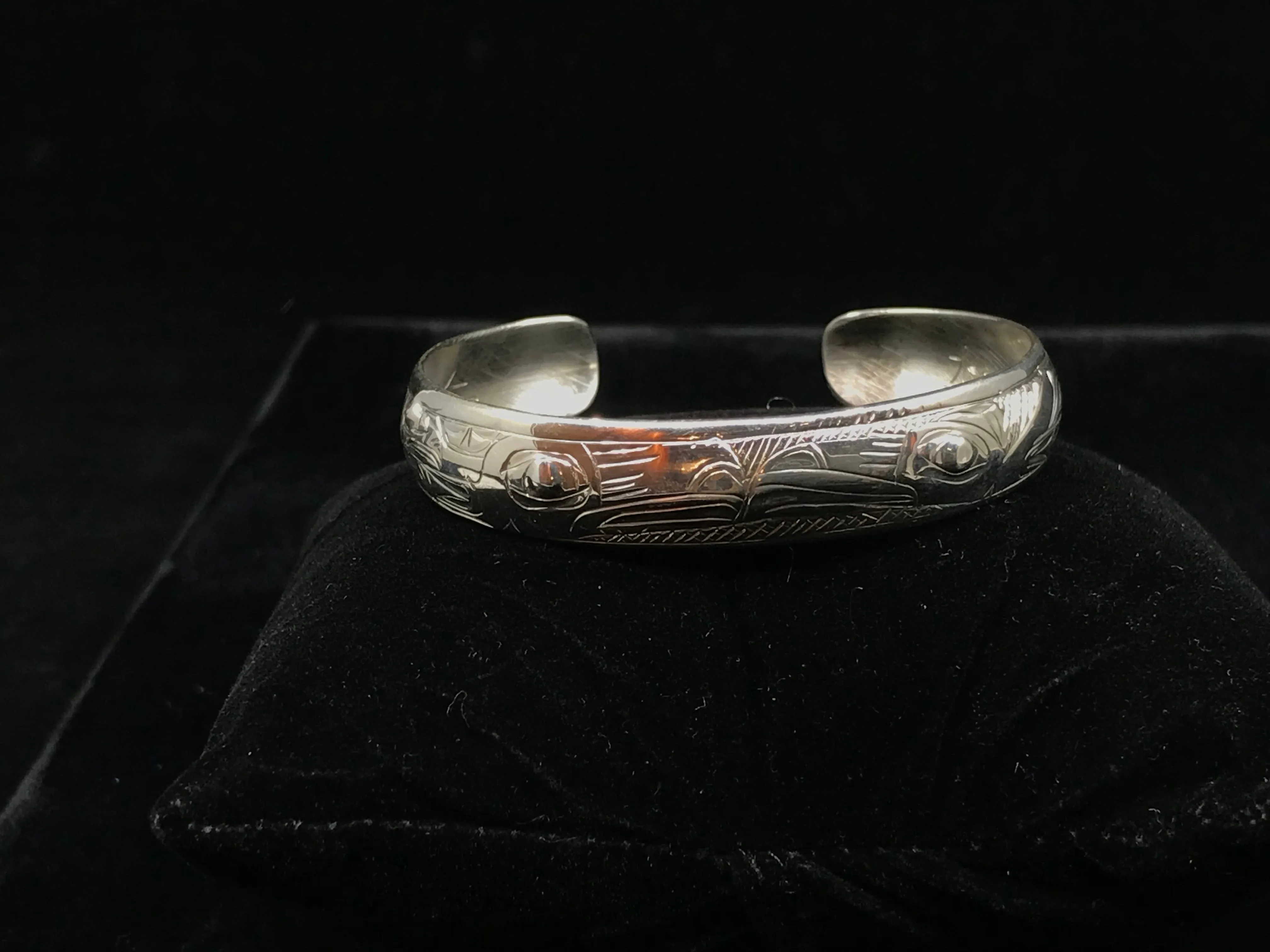 Alaska Native Hand-Carved 1/2" Silver Bracelet  Formline Design by Tlingit Artist Gene Chilton