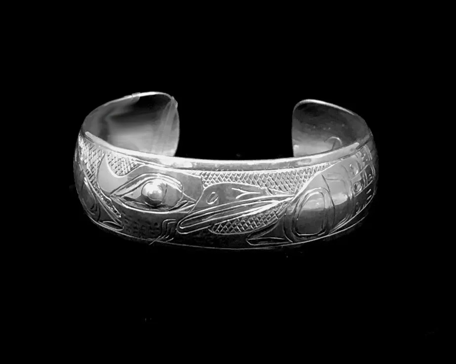 Alaska Native Hand-Carved 3/4" Silver Bracelet  Formline Design by Tlingit Artist Gene Chilton