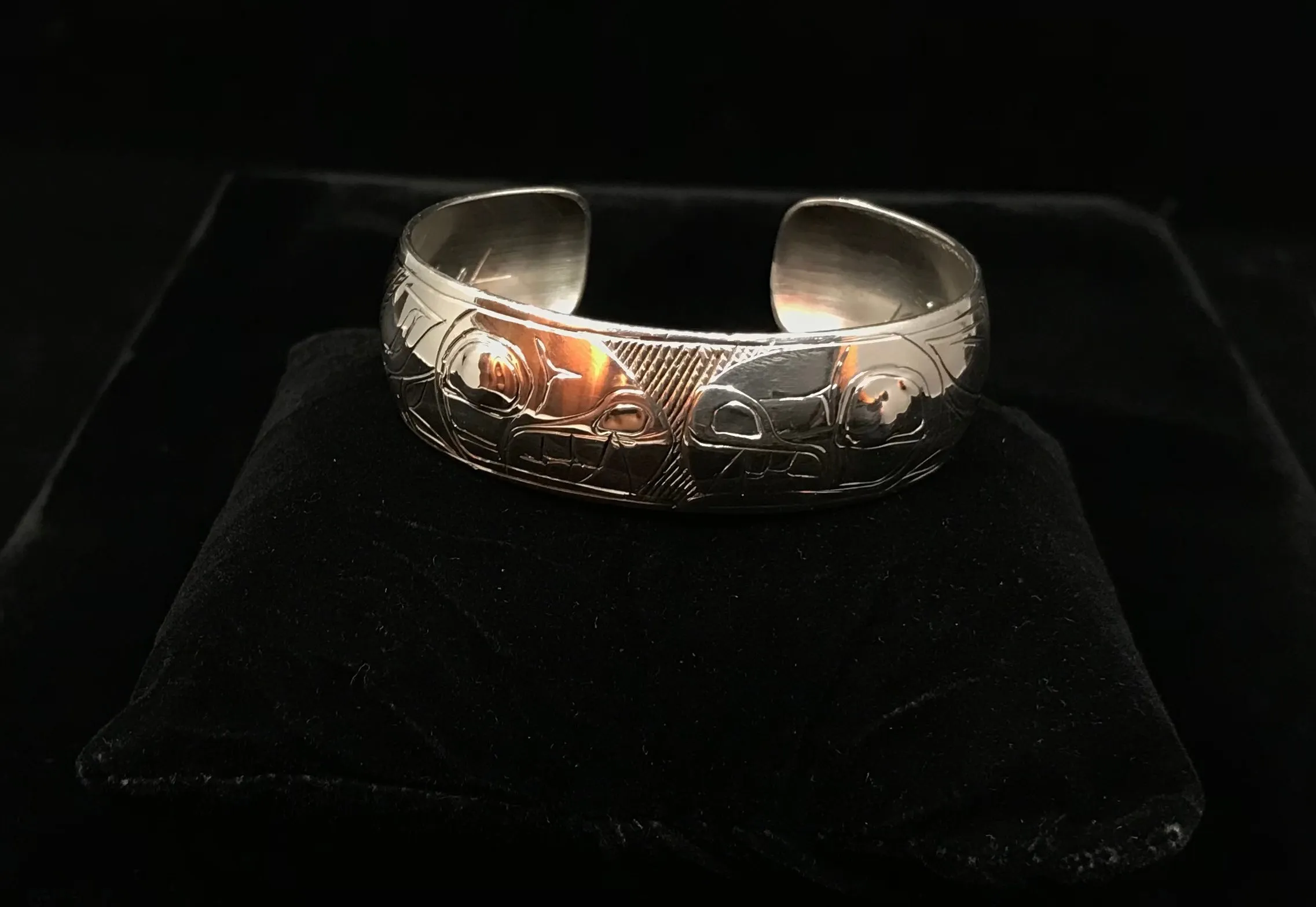Alaska Native Hand-Carved 3/4" Silver Bracelet  Formline Design by Tlingit Artist Gene Chilton