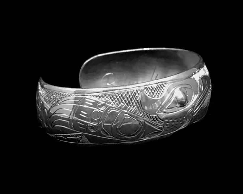 Alaska Native Hand-Carved 3/4" Silver Bracelet  Formline Design by Tlingit Artist Gene Chilton