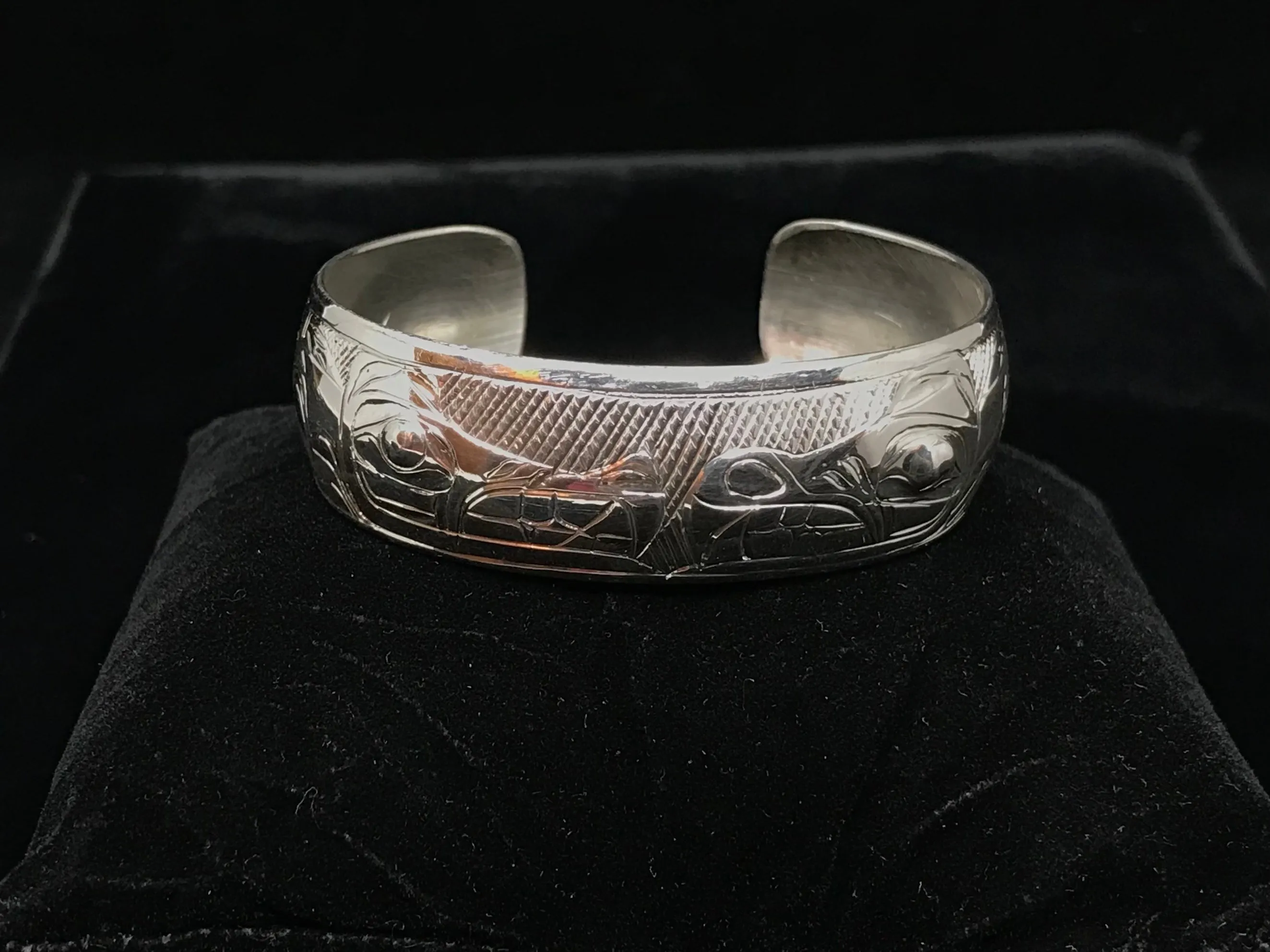 Alaska Native Hand-Carved 3/4" Silver Bracelet  Formline Design by Tlingit Artist Gene Chilton