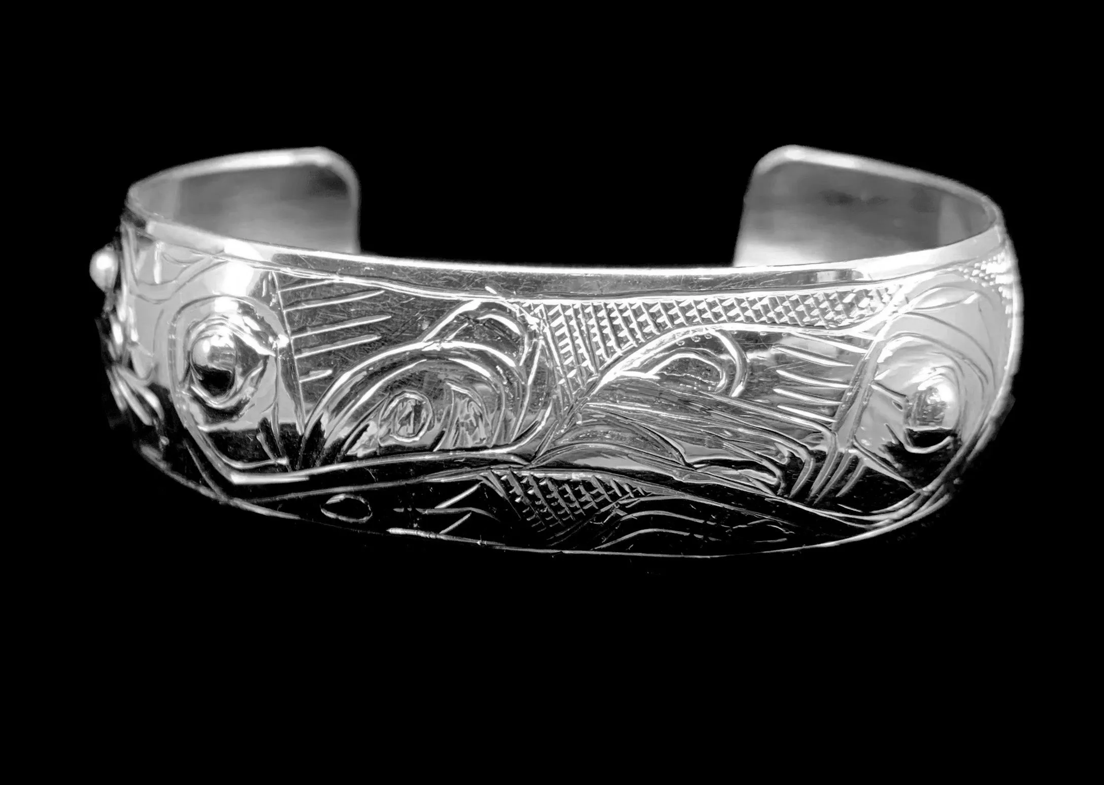 Alaska Native Hand-Carved 3/4" Silver Bracelet  Formline Design by Tlingit Artist Gene Chilton