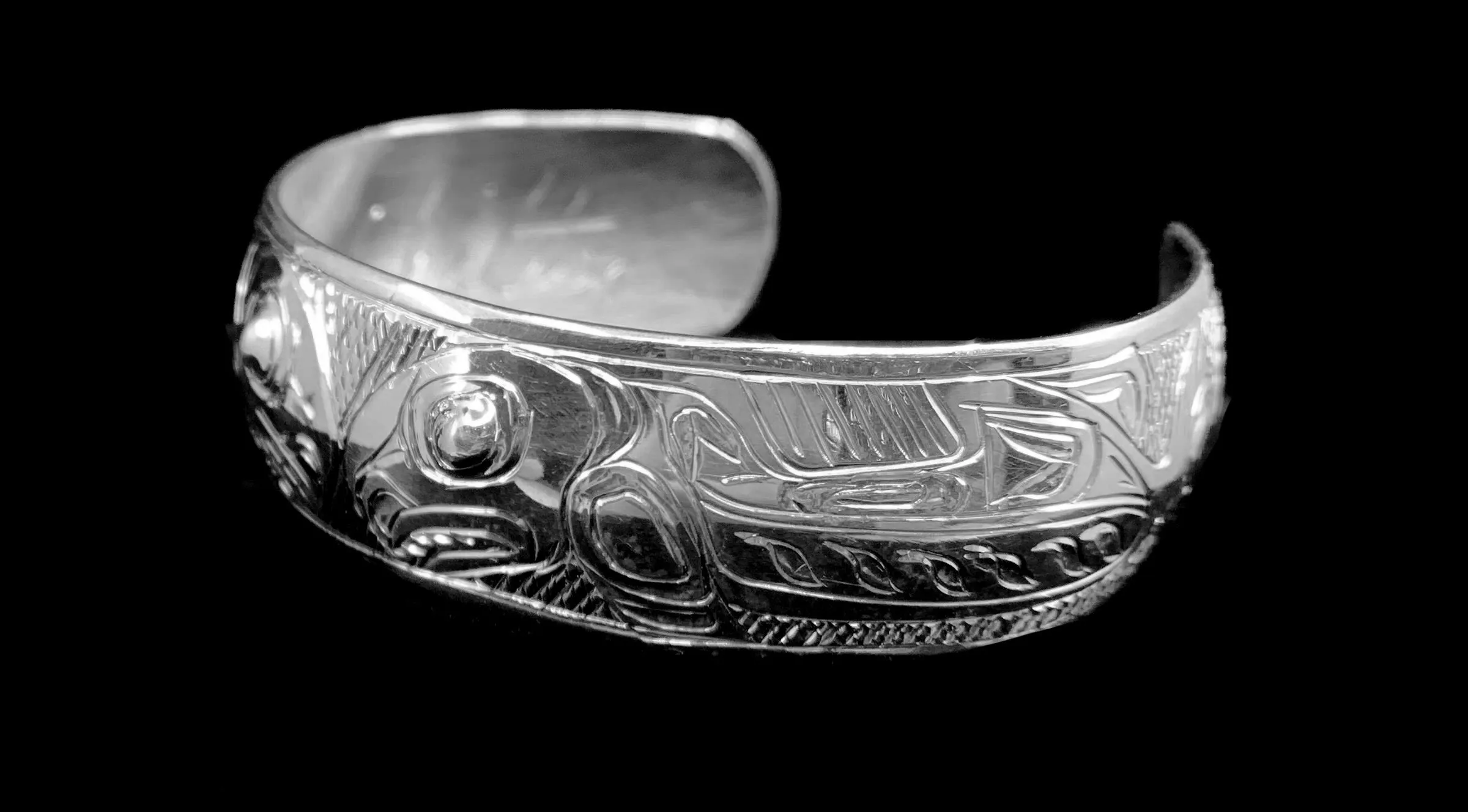 Alaska Native Hand-Carved 3/4" Silver Bracelet  Formline Design by Tlingit Artist Gene Chilton