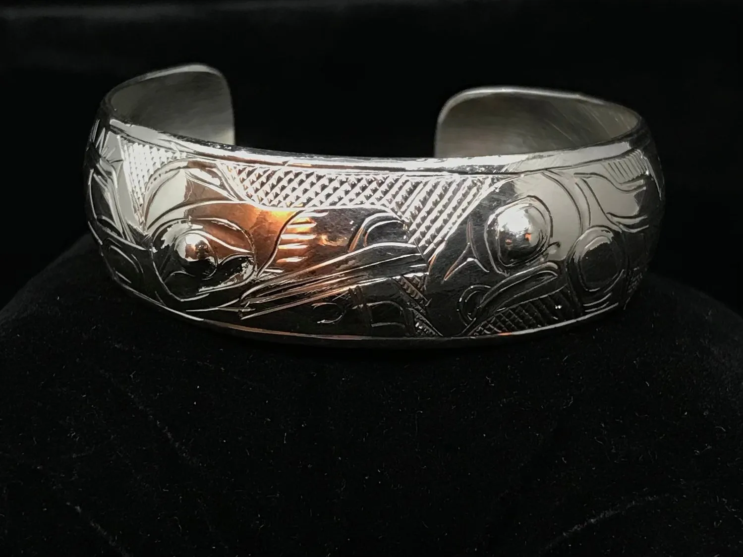 Alaska Native Hand-Carved 3/4" Silver Bracelet  Formline Design by Tlingit Artist Gene Chilton