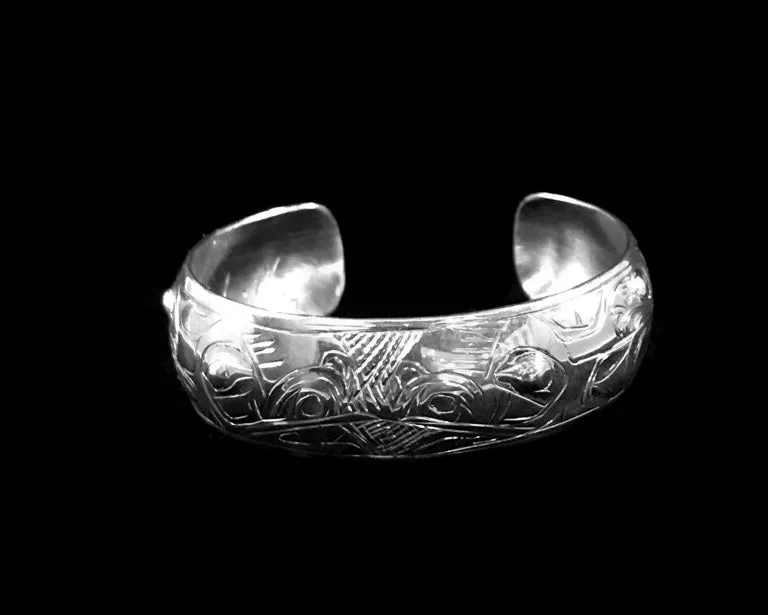 Alaska Native Hand-Carved 3/4" Silver Bracelet  Formline Design by Tlingit Artist Gene Chilton