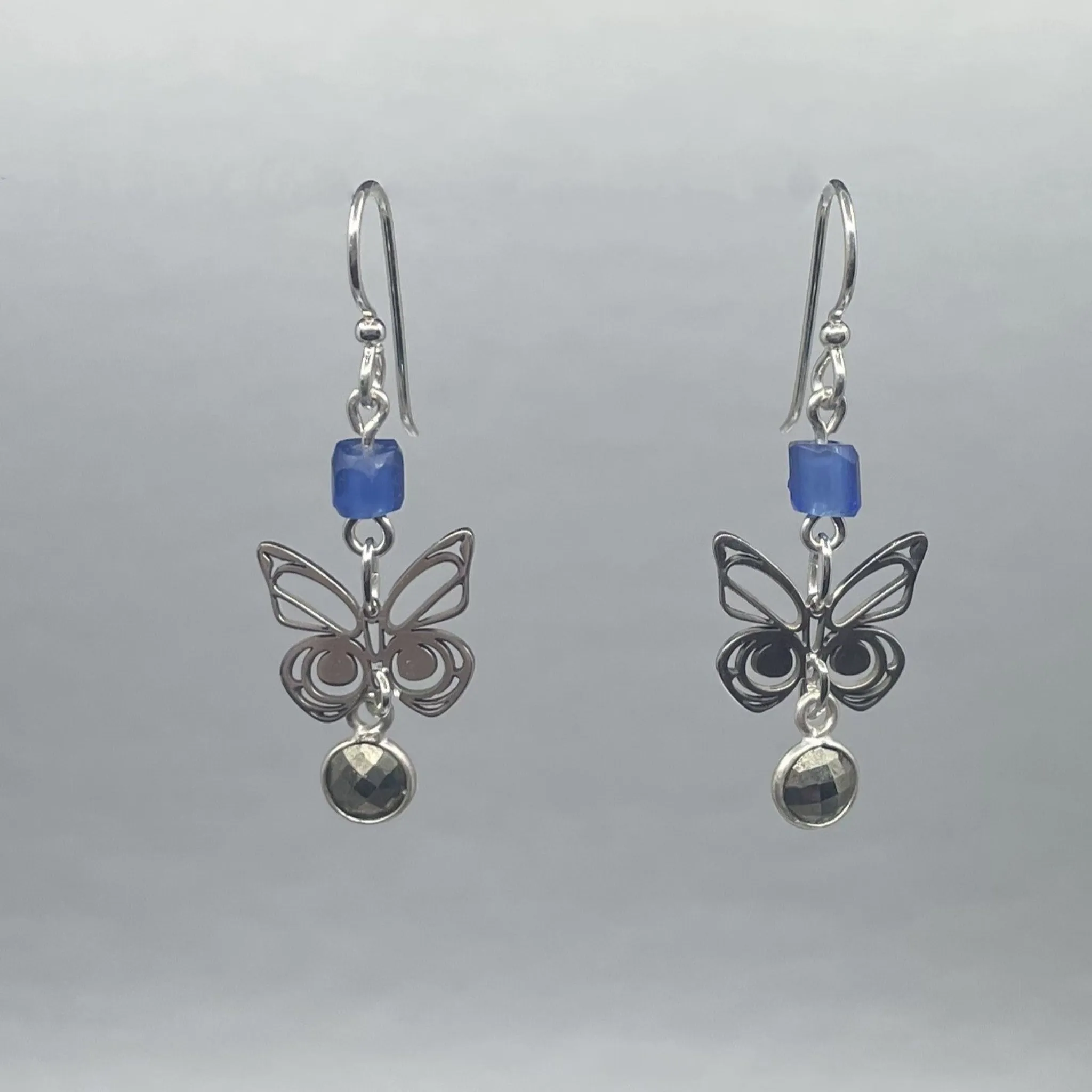 Morgan Asoyuf Earrings Mini Silver Butterfly with Trade Beads & Pyrite
