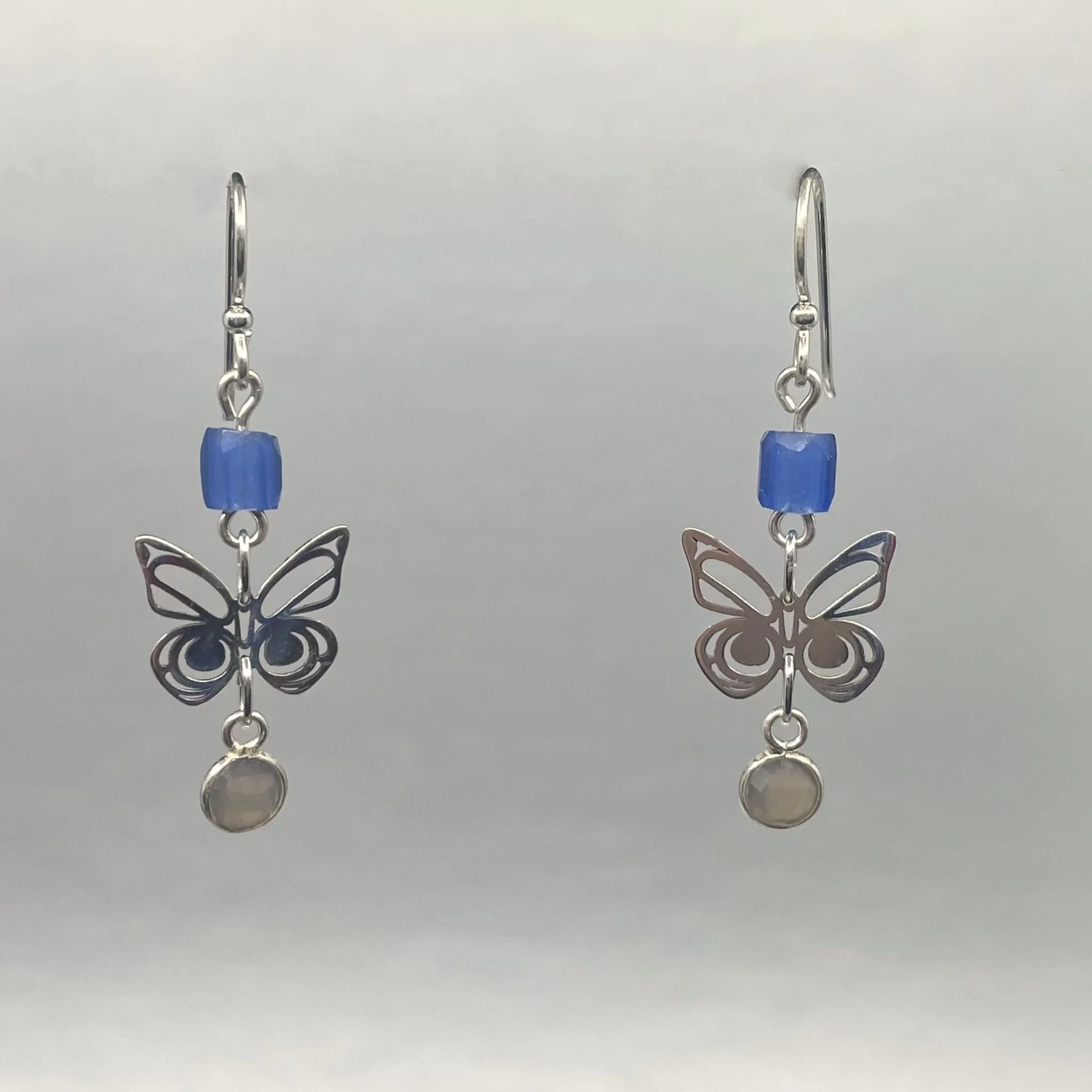 Morgan Asoyuf Earrings Mini Silver Butterfly with Trade Beads & Smoky Quartz