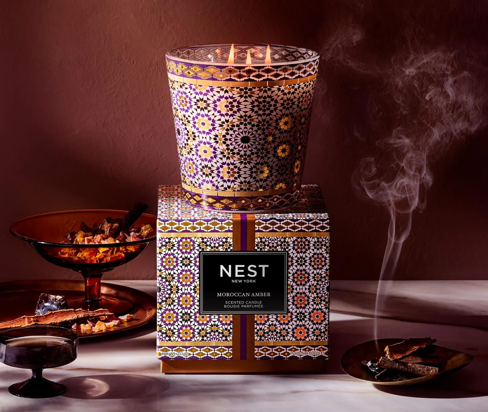 Moroccan Amber Decorative 3-Wick Candle Nest New York